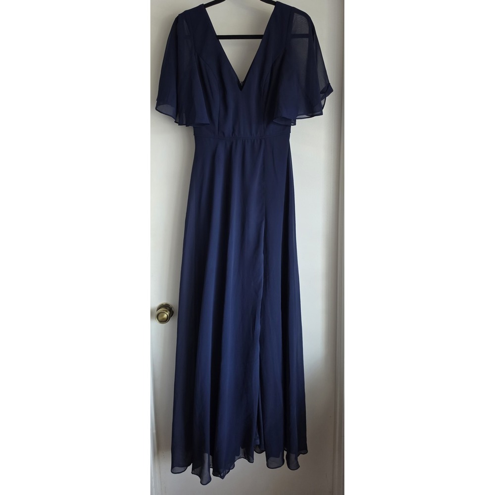 Maniju Maxi Dress Women S Formal Navy Blue V-Neck Short Sleeve Solid Gown